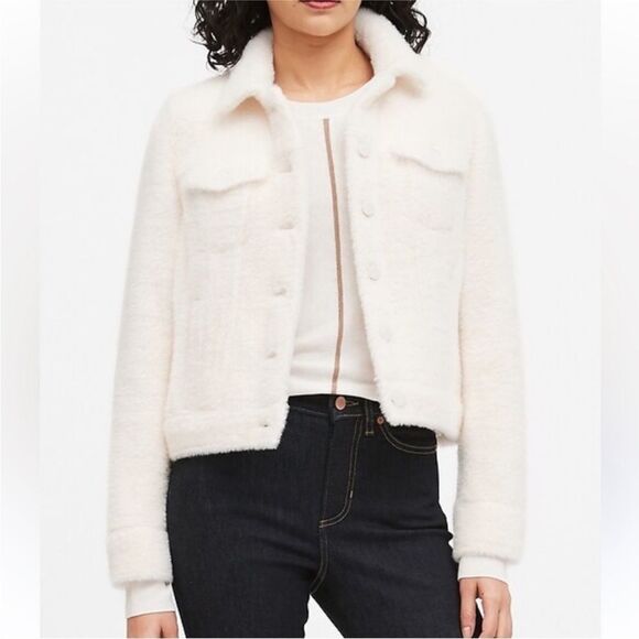 Banana Republic ivory fuzzy teddy bear fur trucker jacket small s button front - Picture 2 of 9